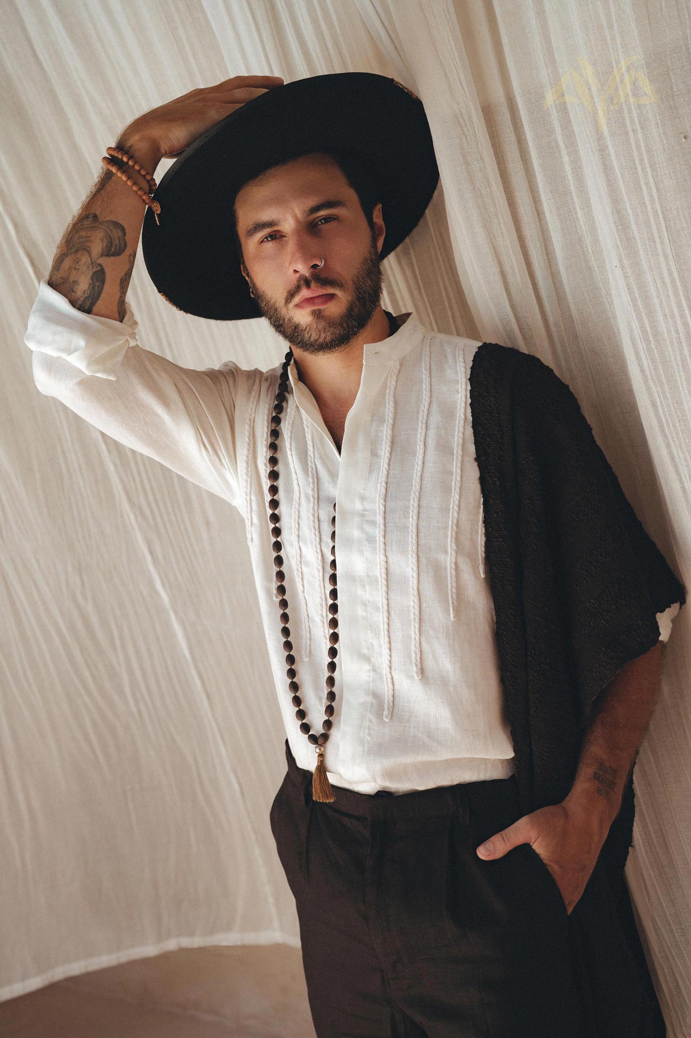 Off - White Linen Shirt for Men with Handmade Braids - AYA SW IDR