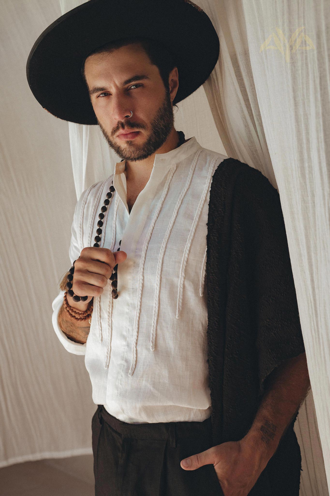 Off - White Linen Shirt for Men with Handmade Braids - AYA SW IDR