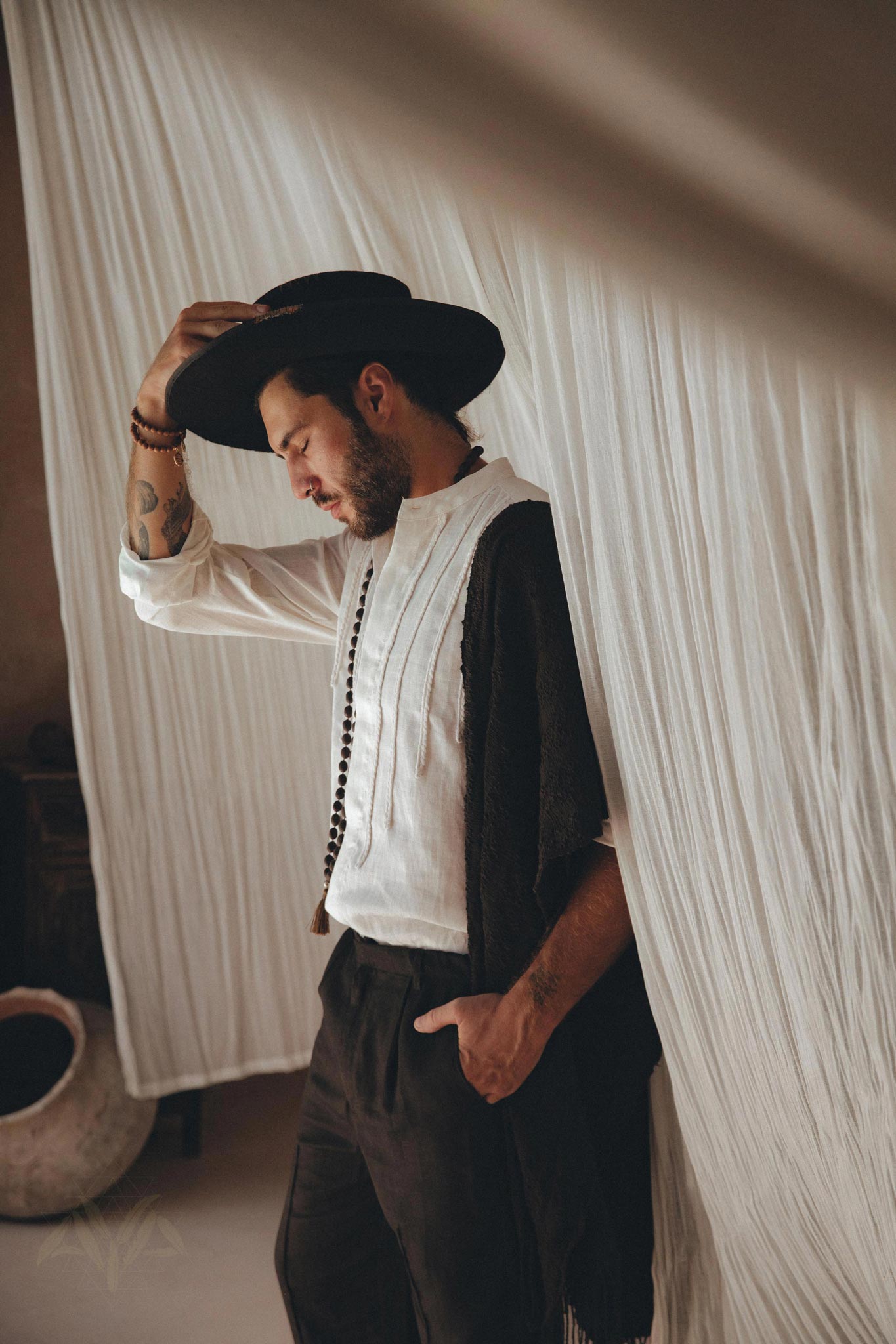 Off - White Linen Shirt for Men with Handmade Braids - AYA SW IDR