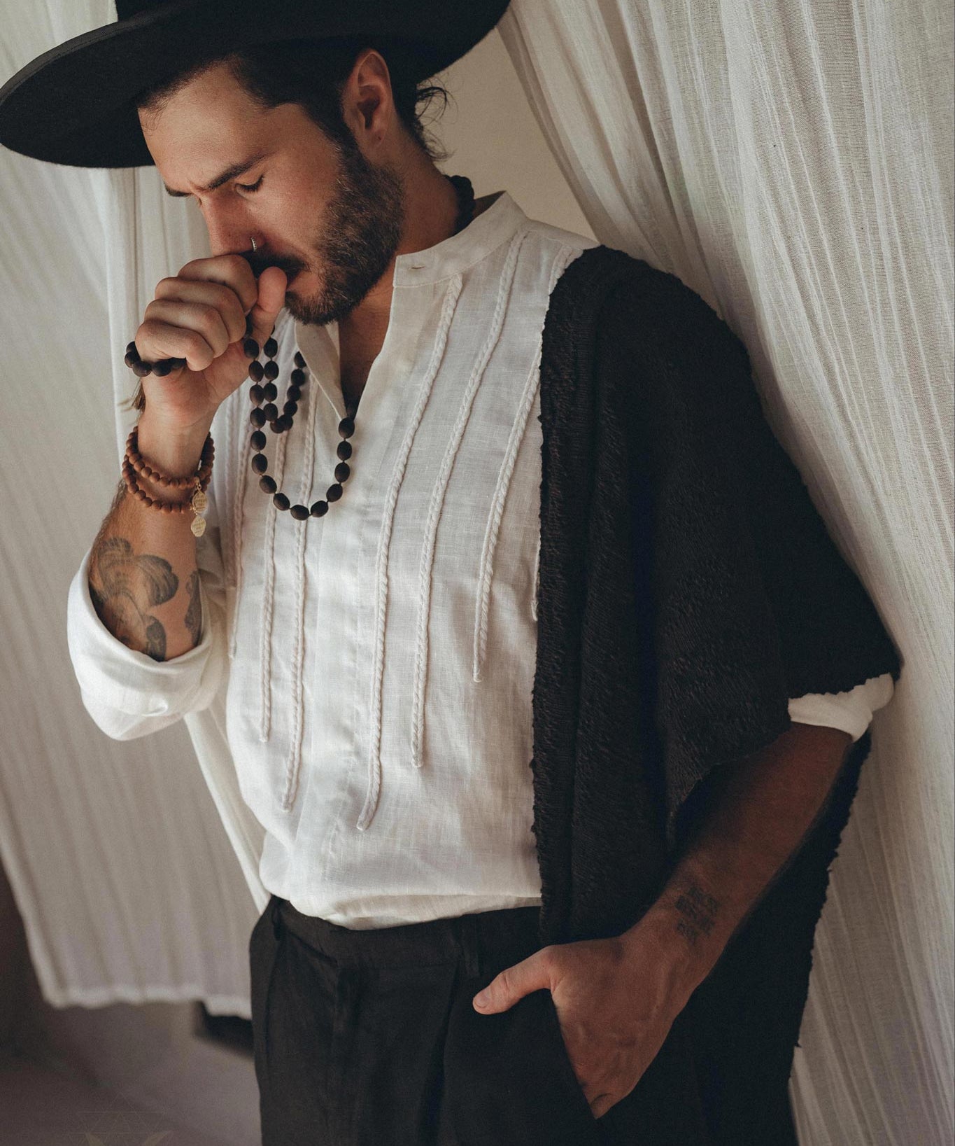Off - White Linen Shirt for Men with Handmade Braids - AYA SW IDR
