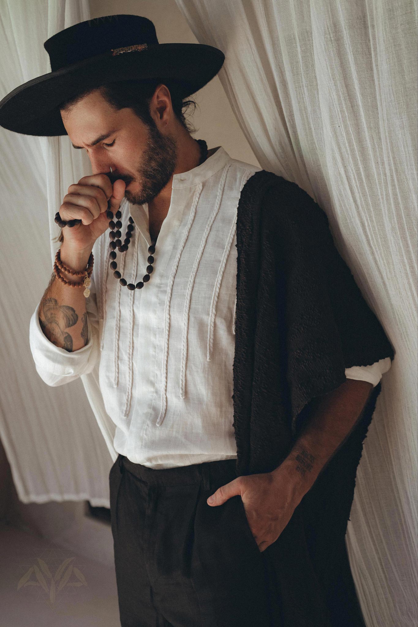 Off - White Linen Shirt for Men with Handmade Braids - AYA SW IDR