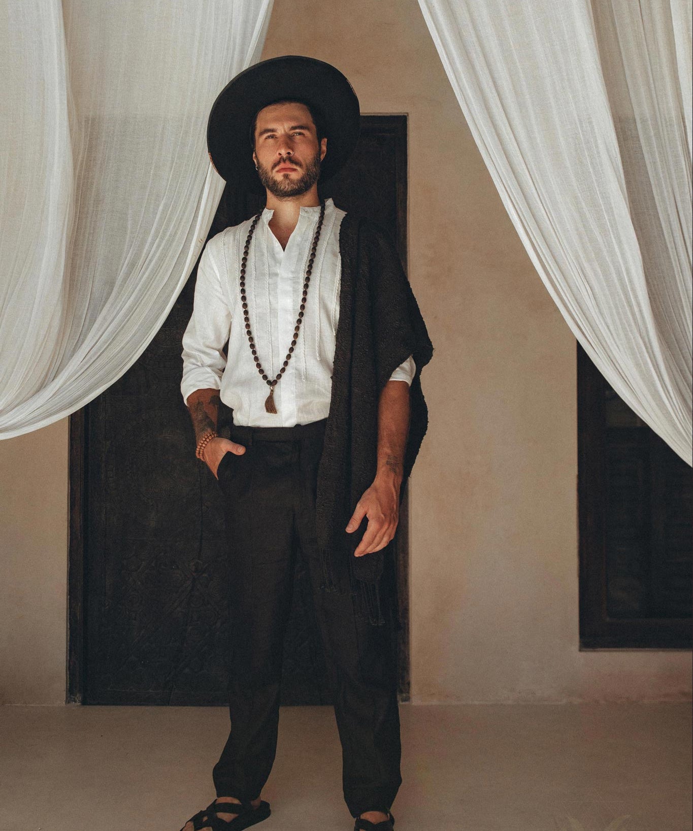 Off - White Linen Shirt for Men with Handmade Braids - AYA SW IDR