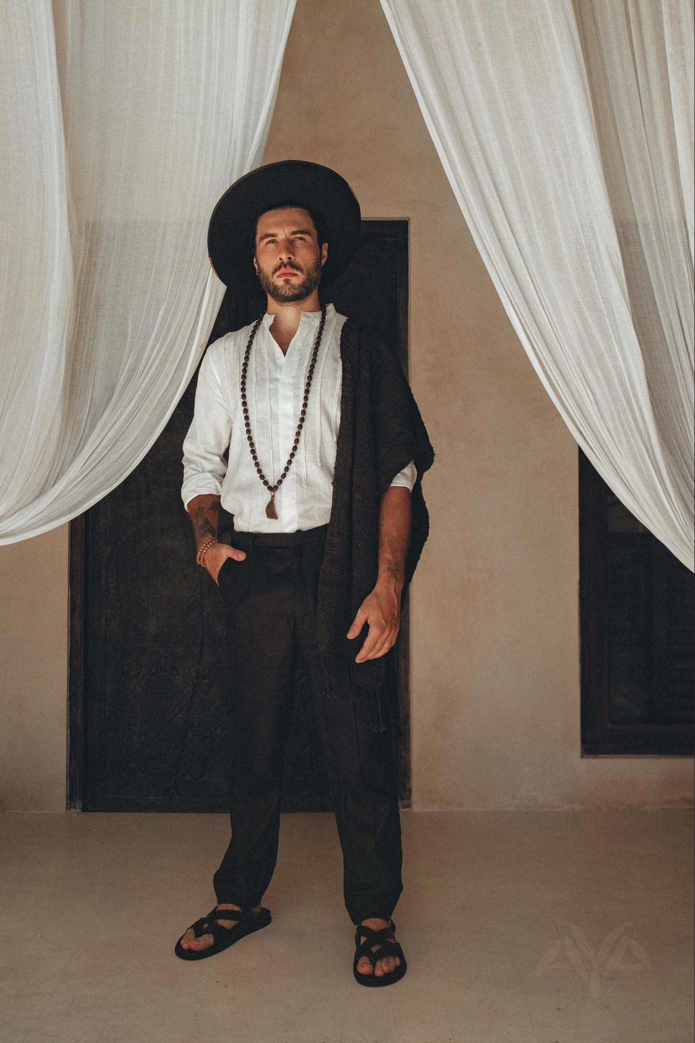 Off - White Linen Shirt for Men with Handmade Braids - AYA SW IDR