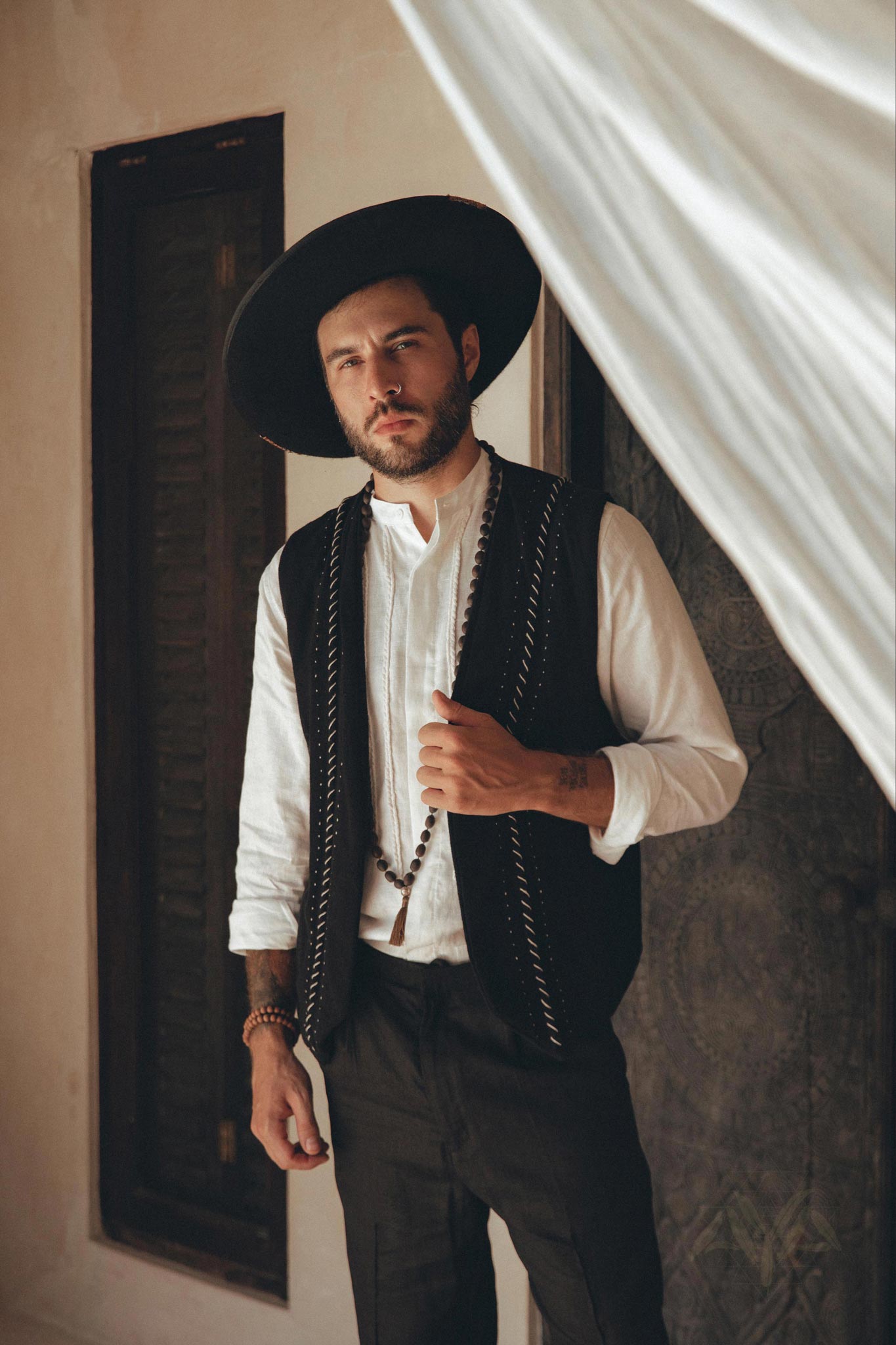 Off - White Linen Shirt for Men with Handmade Braids - AYA SW IDR