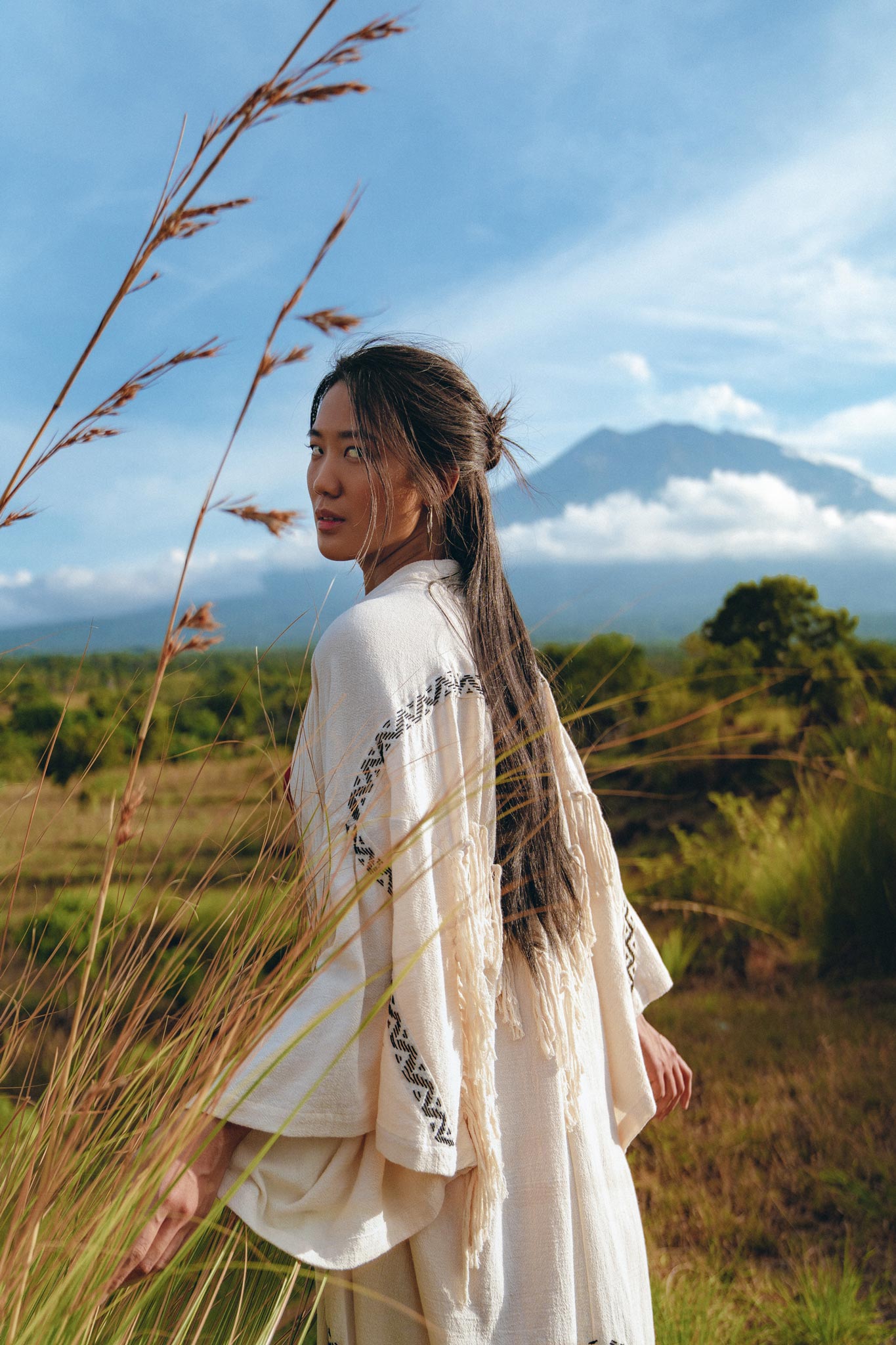 Off - White Organic Cotton Cardigan • Hand Embroidered Boho Overcoat Robe - AYA SW IDR