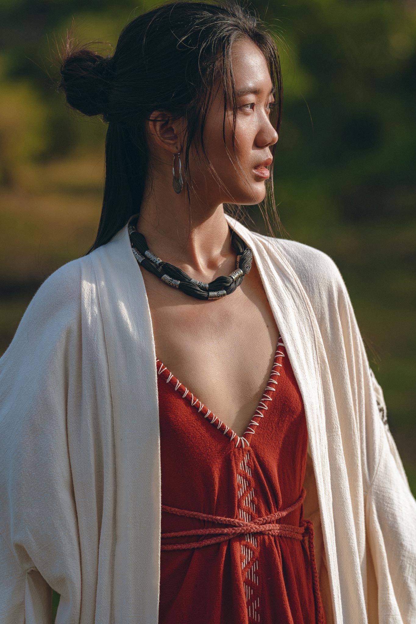 Off - White Organic Cotton Cardigan • Hand Embroidered Boho Overcoat Robe - AYA SW IDR
