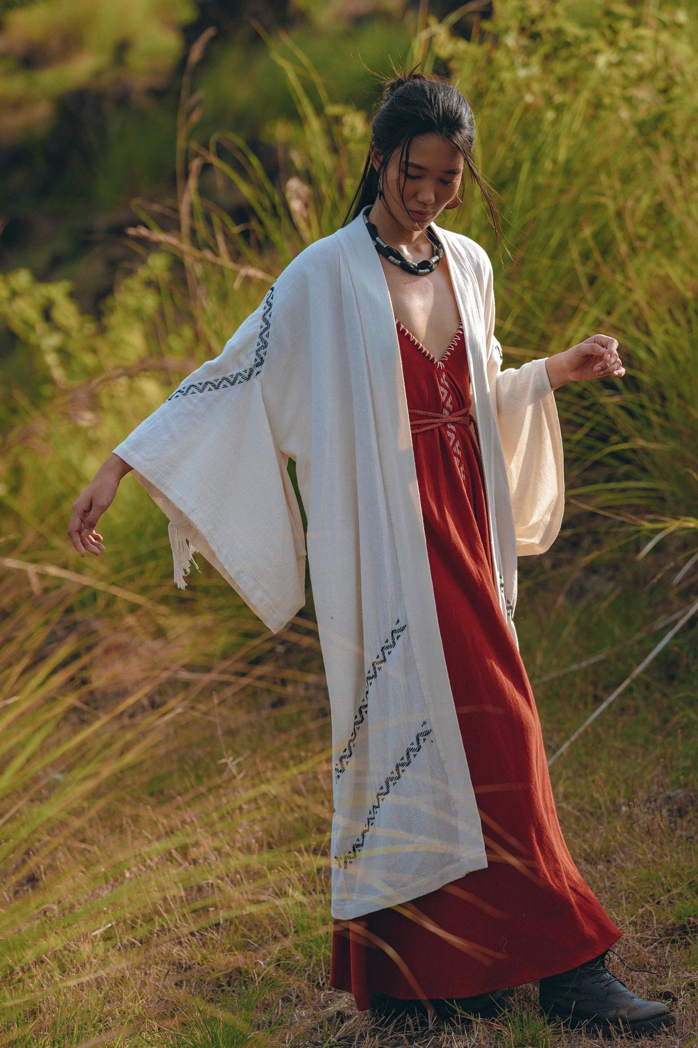 Off - White Organic Cotton Cardigan • Hand Embroidered Boho Overcoat Robe - AYA SW IDR