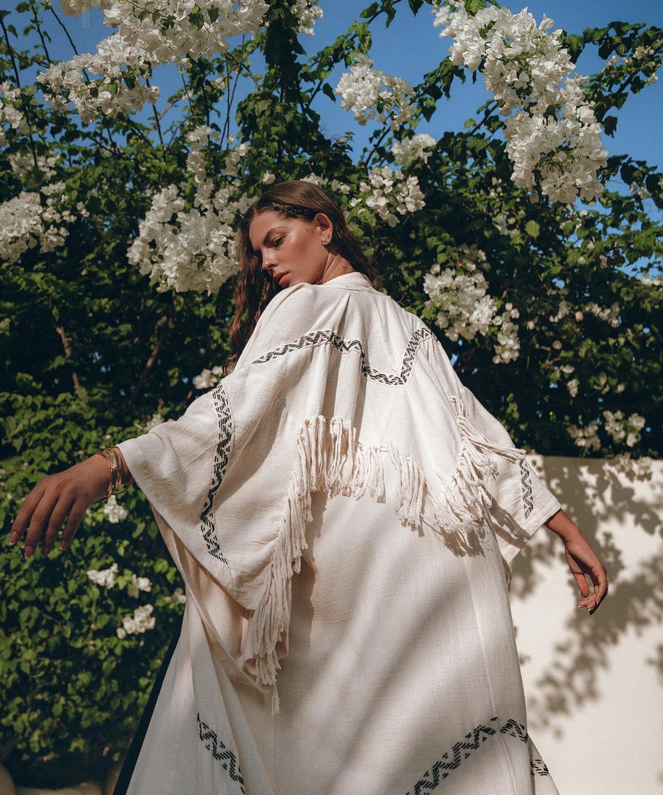 Off - White Organic Cotton Cardigan • Hand Embroidered Boho Overcoat Robe - AYA SW IDR