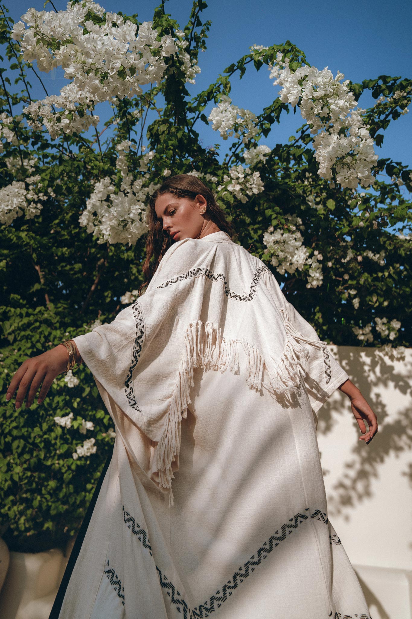 Off - White Organic Cotton Cardigan • Hand Embroidered Boho Overcoat Robe - AYA SW IDR