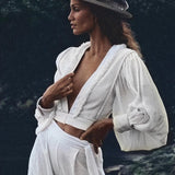 Off - White Puff Sleeves Top • Hand Embroidered top • Organic Boho Top Women - AYA SW IDR