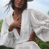 Off - White Puff Sleeves Top • Hand Embroidered top • Organic Boho Top Women - AYA SW IDR