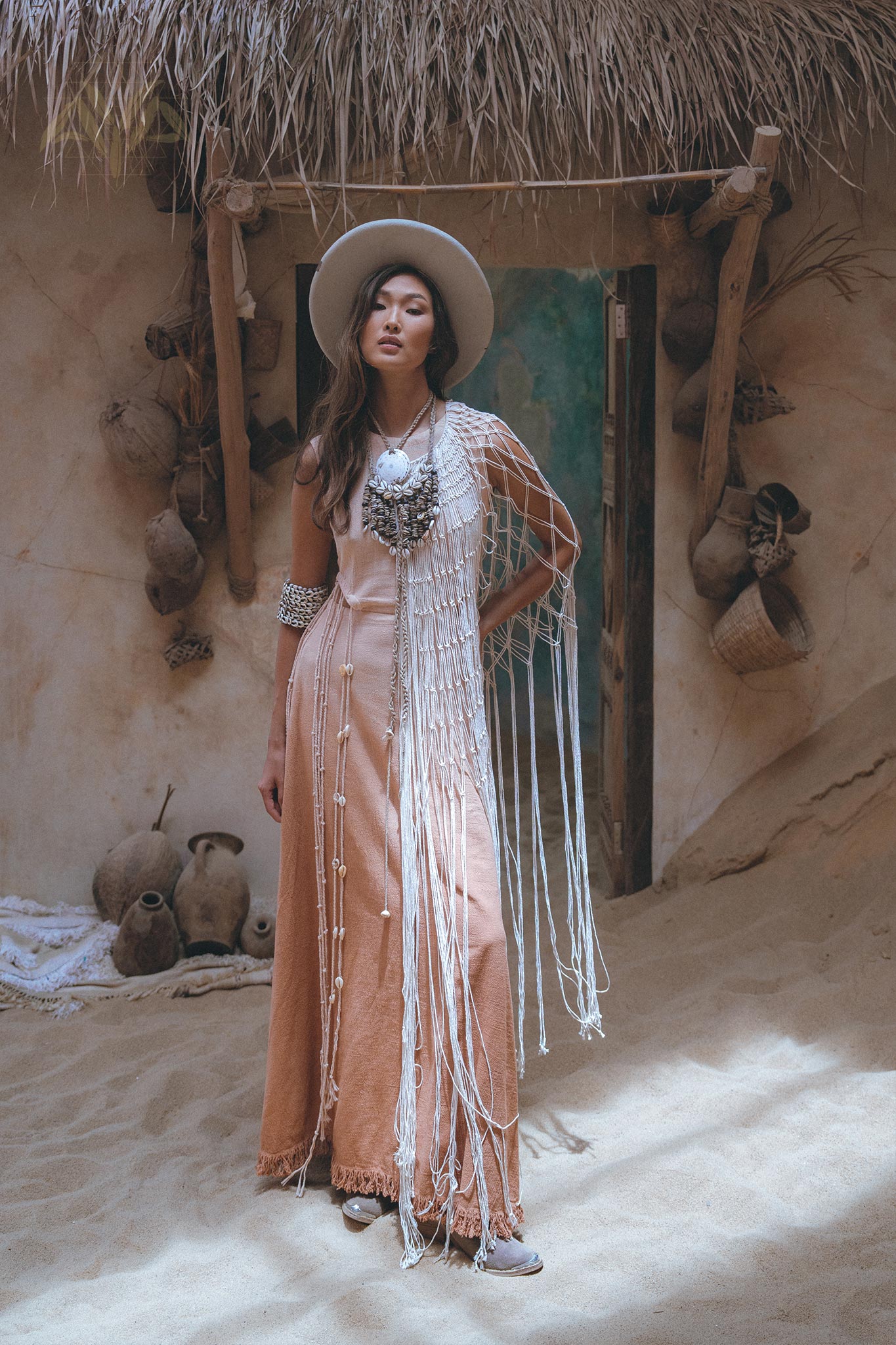 Off - White Summer Net Cover Up • See Through Poncho Cape • Long Robe for Women - AYA SW IDR
