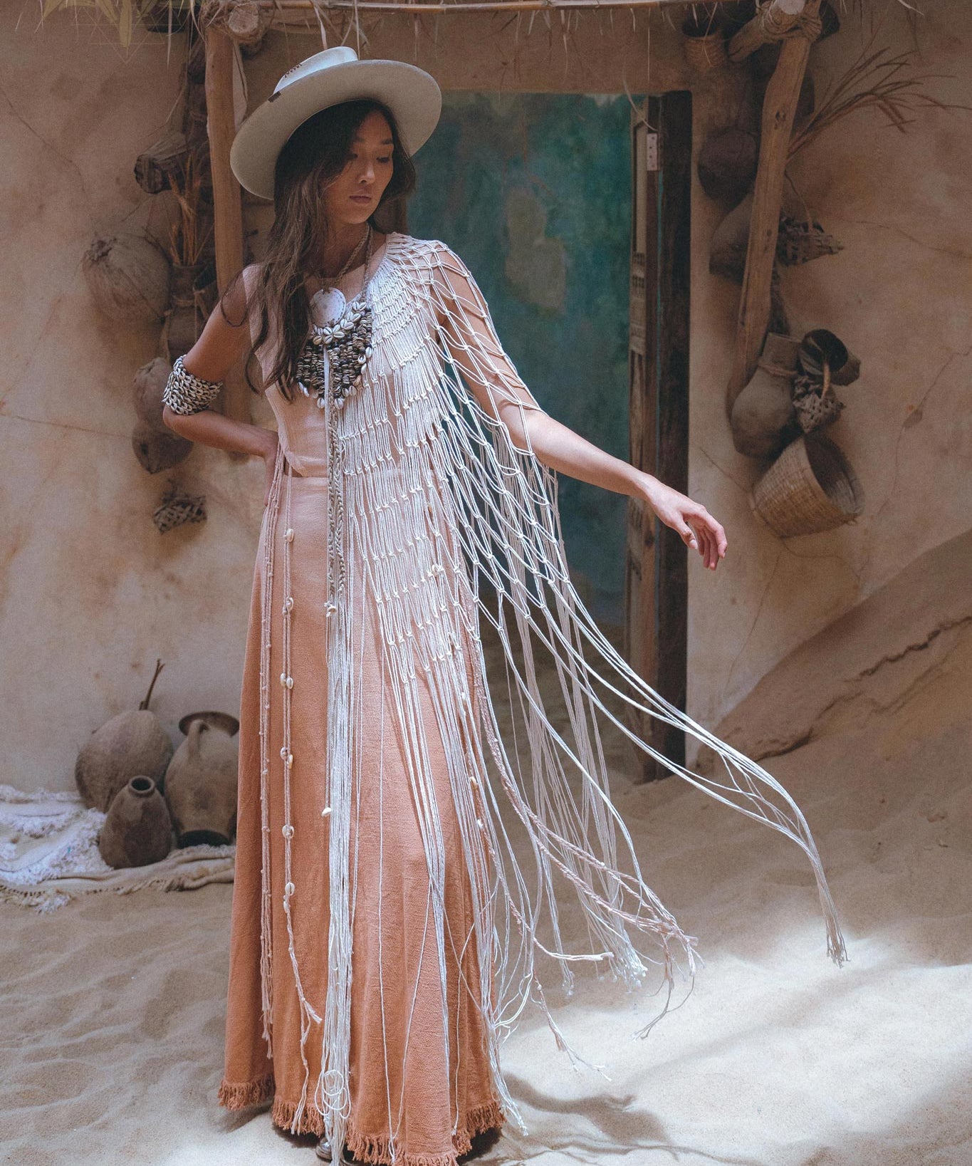 Off - White Summer Net Cover Up • See Through Poncho Cape • Long Robe for Women - AYA SW IDR