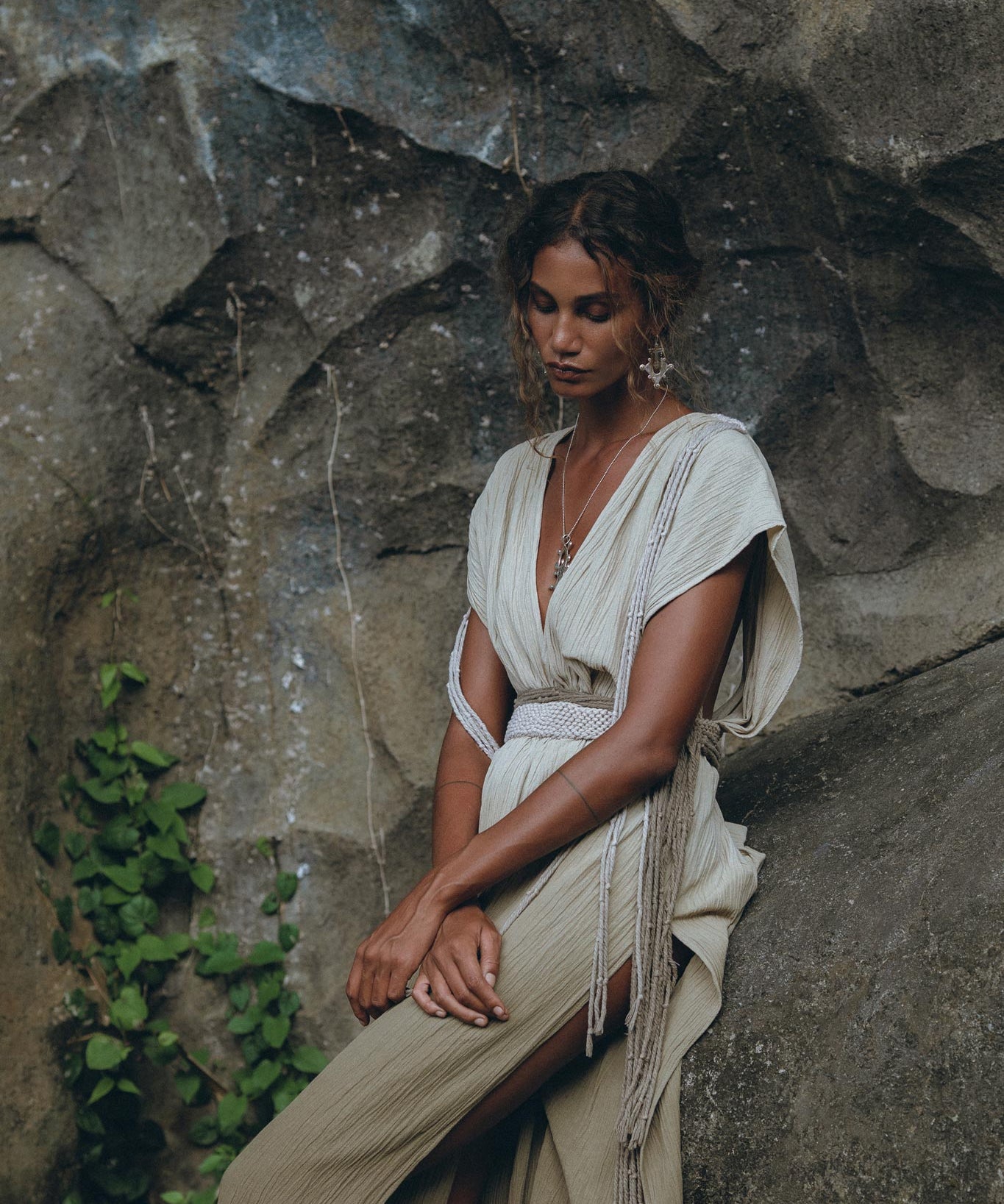 Off - White with Green Boho Dress • Bohemian Organically Dyed Dress - AYA SW IDR