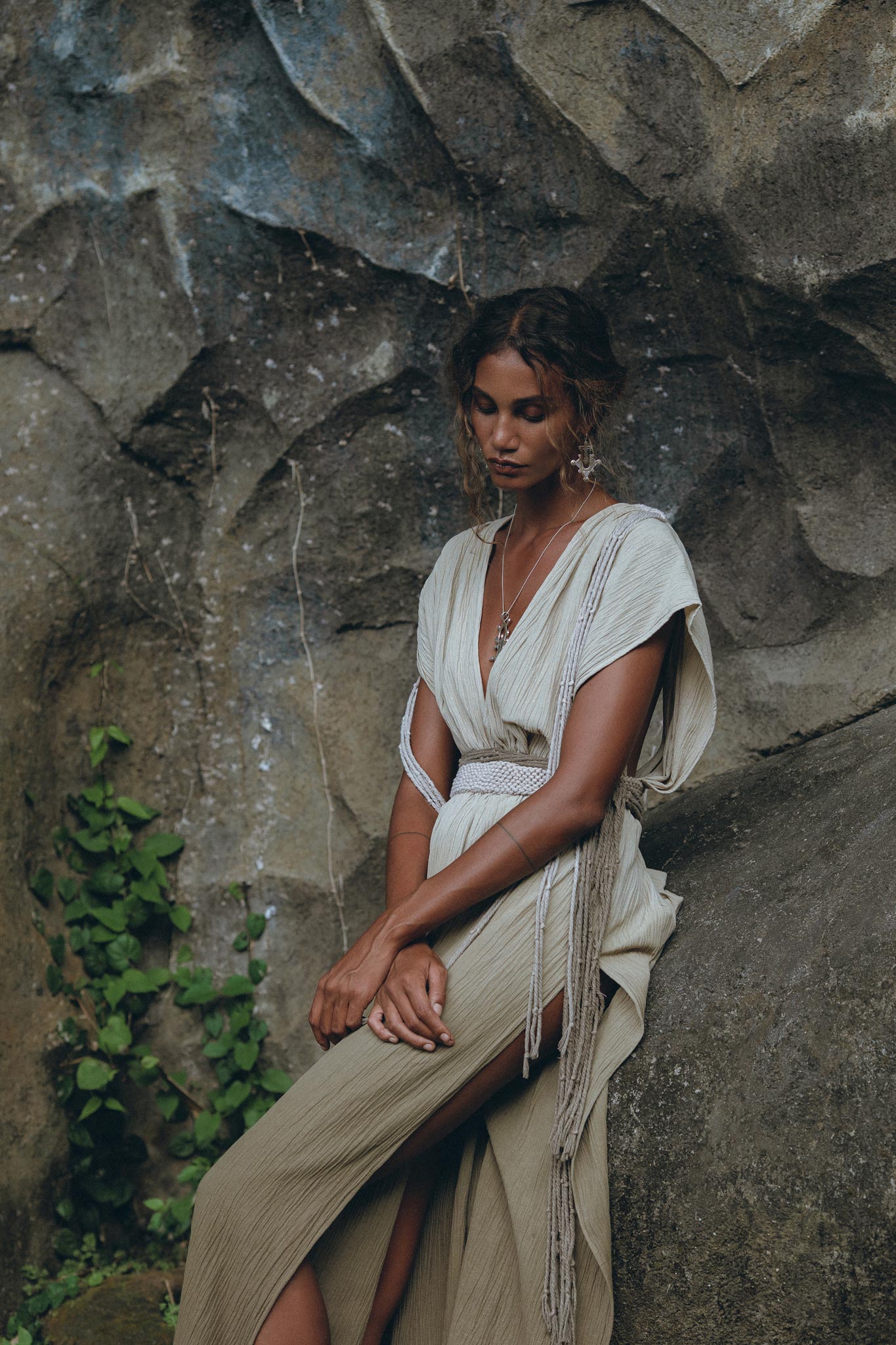 Off - White with Green Boho Dress • Bohemian Organically Dyed Dress - AYA SW IDR