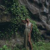 Off - White with Green Boho Dress • Bohemian Organically Dyed Dress - AYA SW IDR