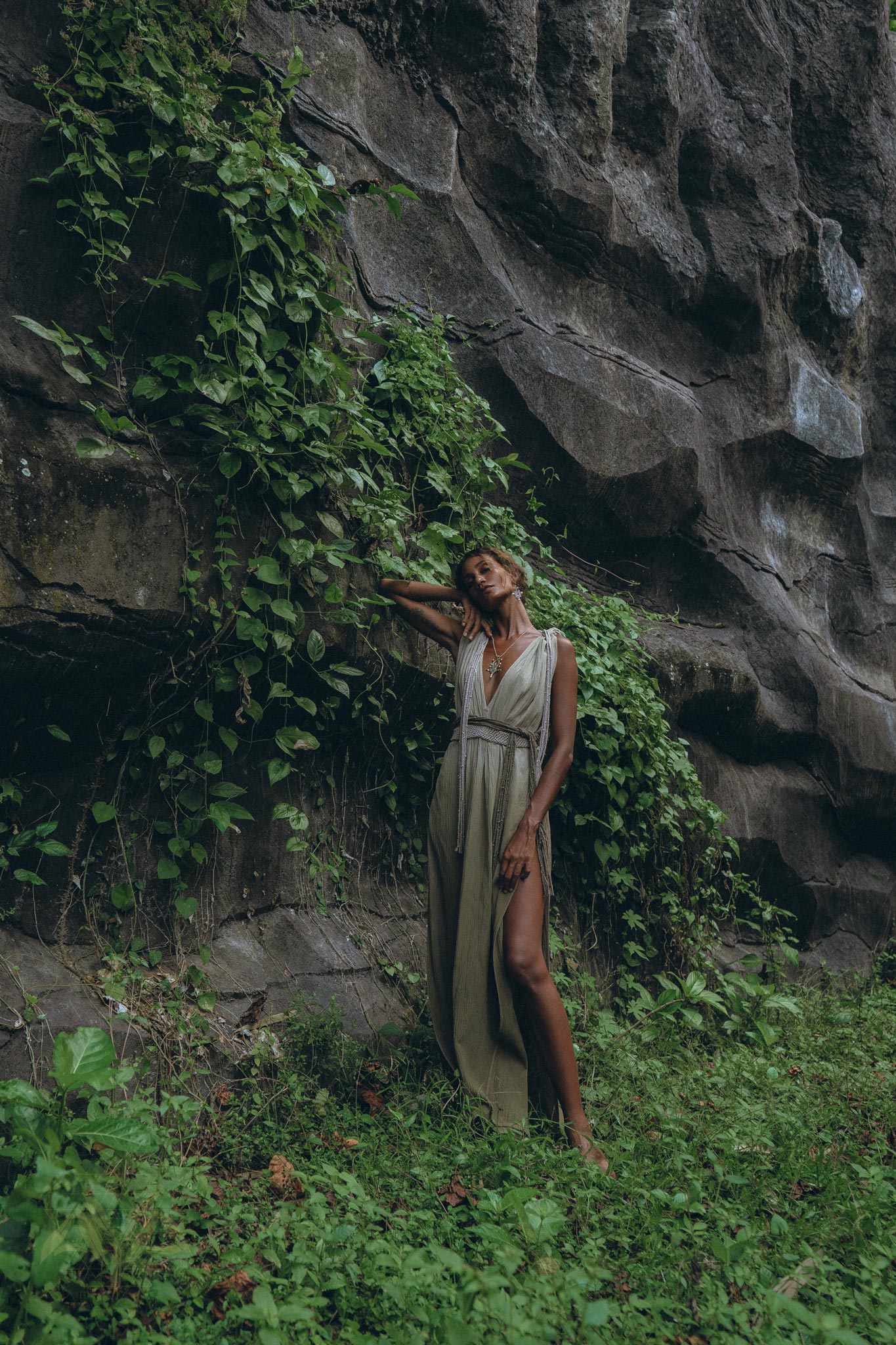 Off - White with Green Boho Dress • Bohemian Organically Dyed Dress - AYA SW IDR