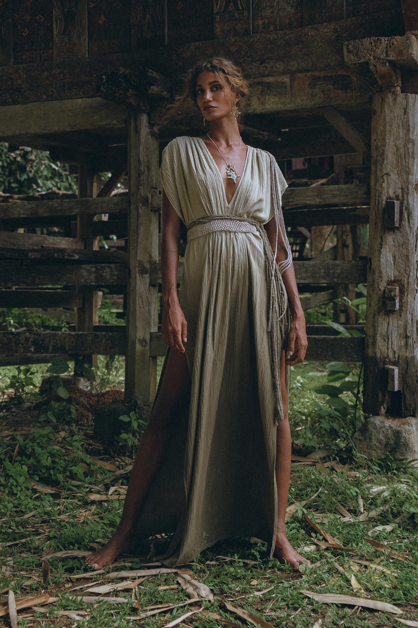 Off - White with Green Boho Dress • Bohemian Organically Dyed Dress - AYA SW IDR