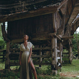 Off - White with Green Boho Dress • Bohemian Organically Dyed Dress - AYA SW IDR