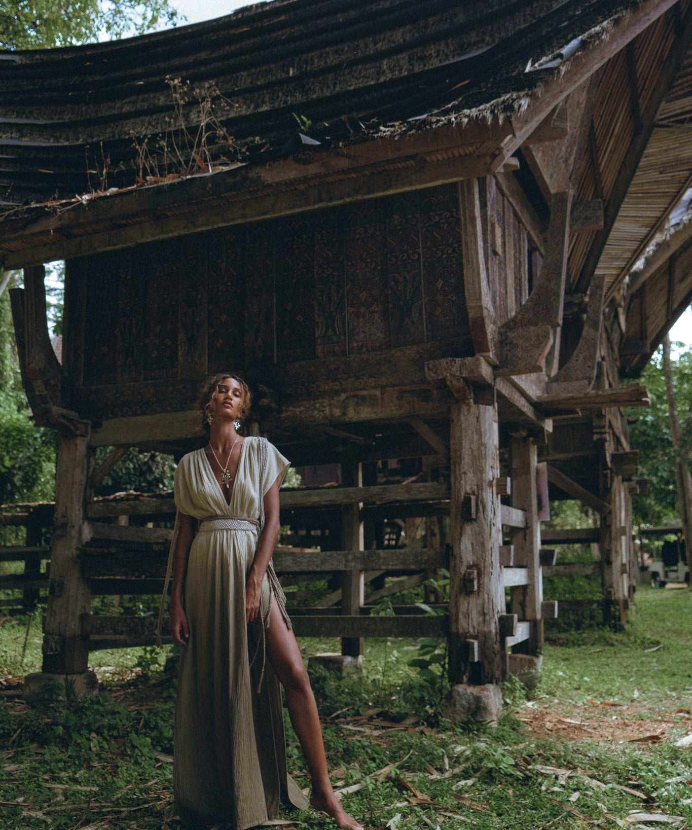 Off - White with Green Boho Dress • Bohemian Organically Dyed Dress - AYA SW IDR