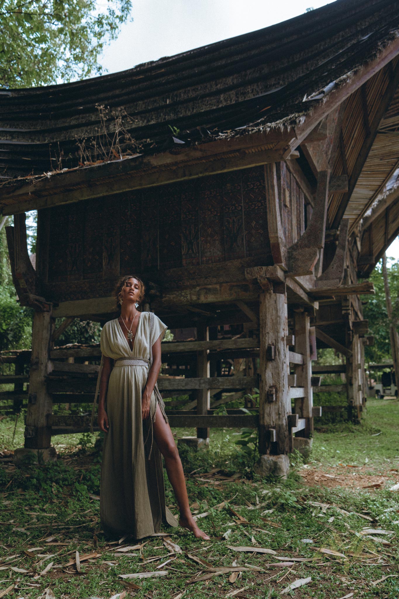 Off - White with Green Boho Dress • Bohemian Organically Dyed Dress - AYA SW IDR
