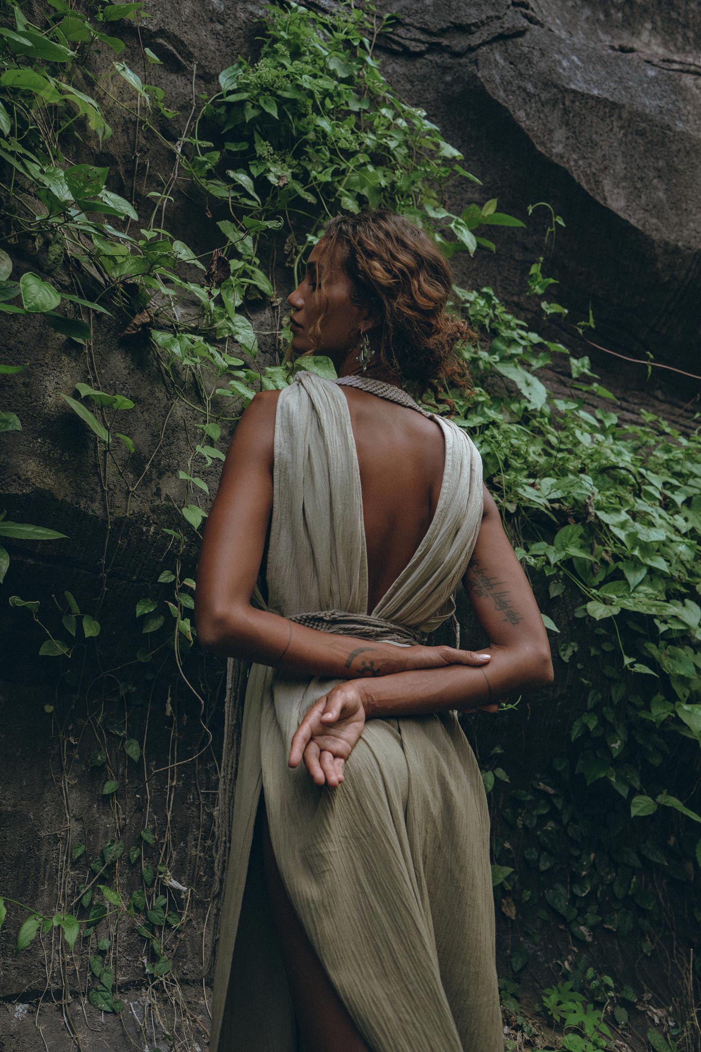 Off - White with Green Boho Dress • Bohemian Organically Dyed Dress - AYA SW IDR