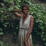 Off - White with Green Boho Dress • Bohemian Organically Dyed Dress - AYA SW IDR