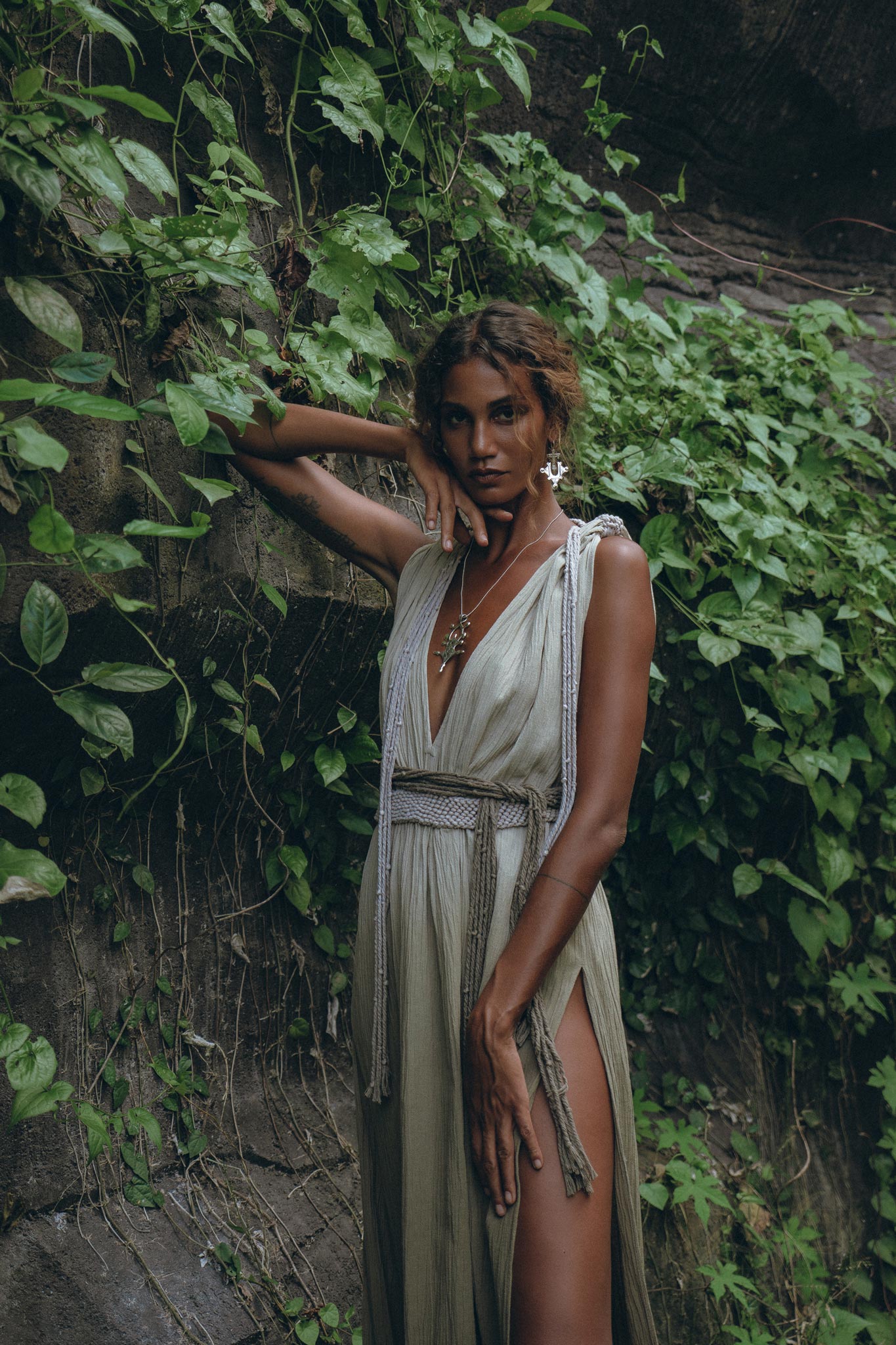 Off - White with Green Boho Dress • Bohemian Organically Dyed Dress - AYA SW IDR