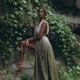 Off - White with Green Boho Dress • Bohemian Organically Dyed Dress - AYA SW IDR