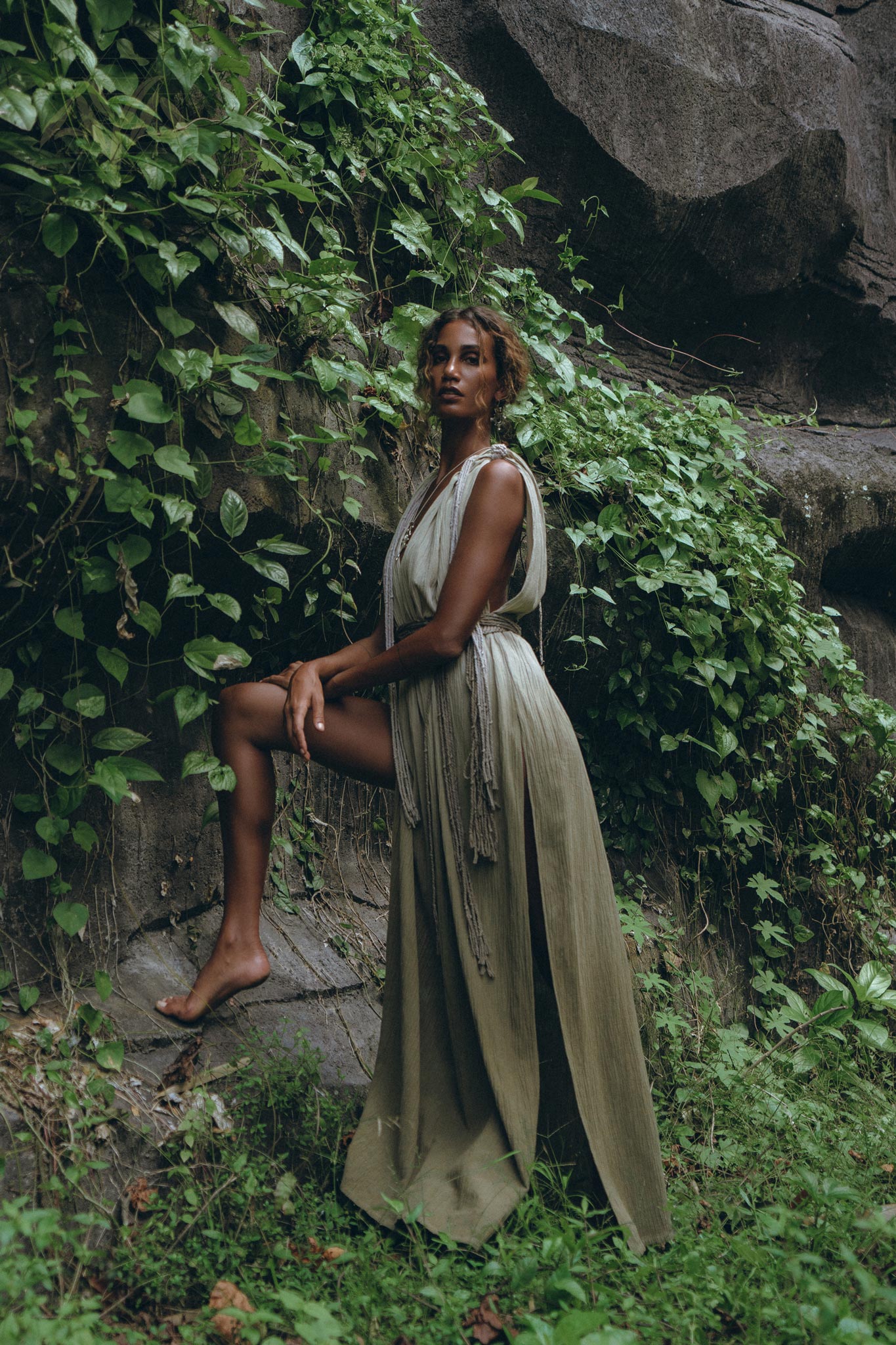 Off - White with Green Boho Dress • Bohemian Organically Dyed Dress - AYA SW IDR