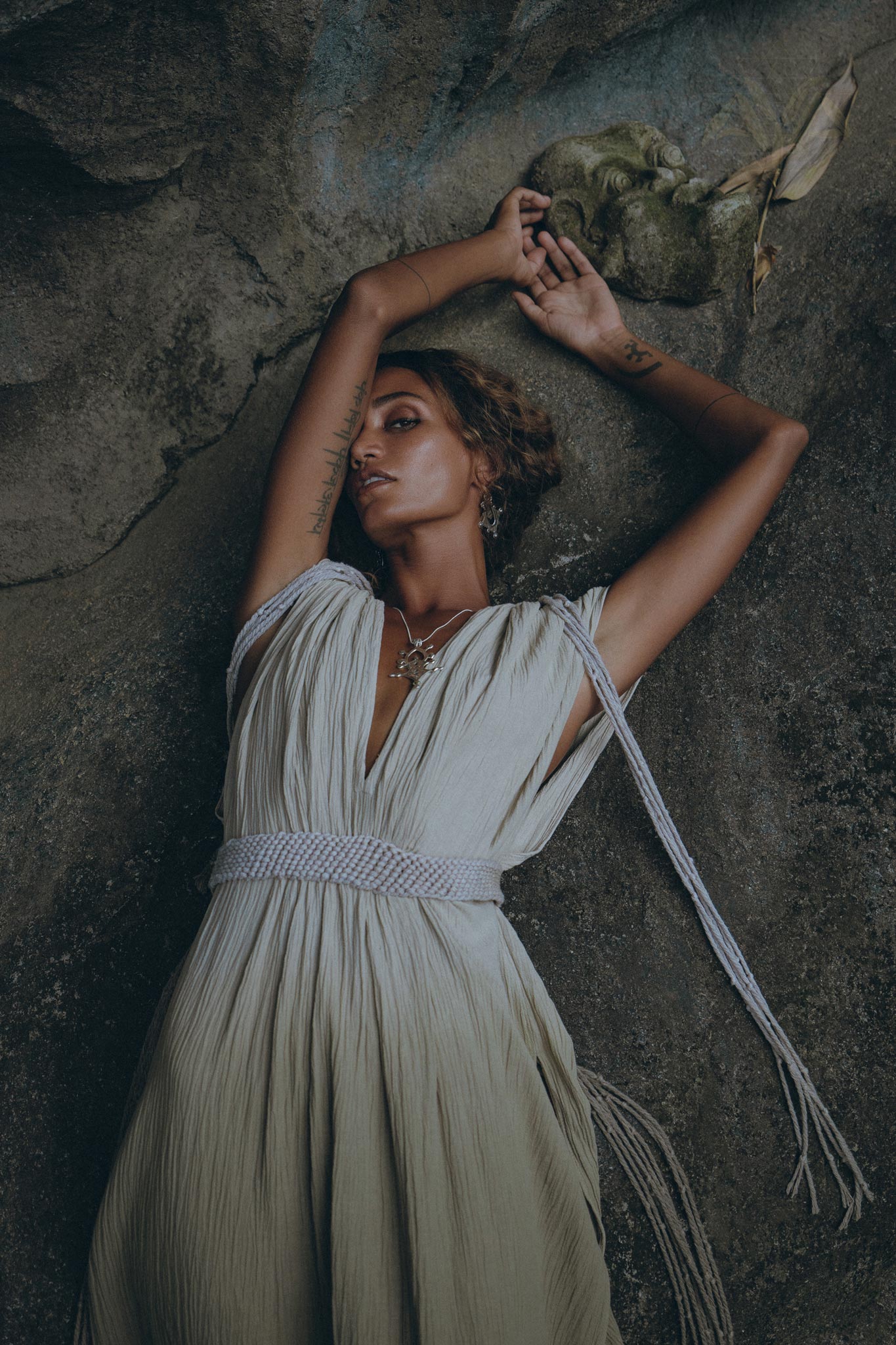 Off - White with Green Boho Dress • Bohemian Organically Dyed Dress - AYA SW IDR