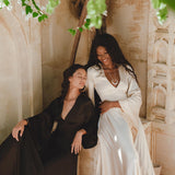 Be the epitome of elegance in this off-white peace silk dress, boasting romantic bell sleeves and a captivating open back, adding a touch of magic to your formal ensemble.