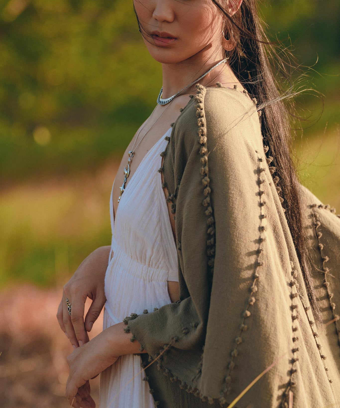 Olive Green Poncho Robe for Women • Boho Kimono Overcoat • Prom Cover Up - AYA SW IDR