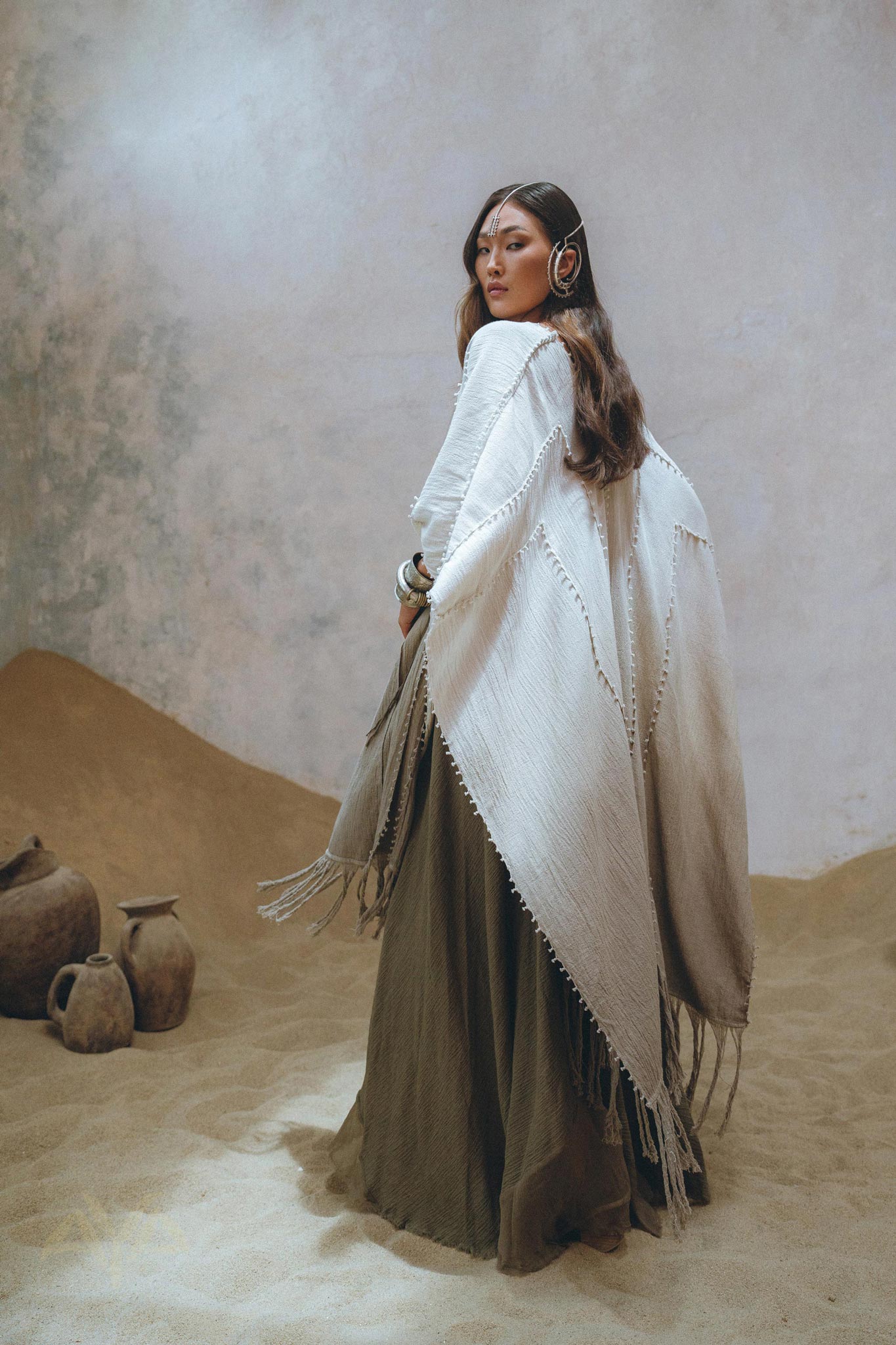 Ombre Sage Green Shawl • Organic Shawl with Handmade Tassels - AYA SW IDR