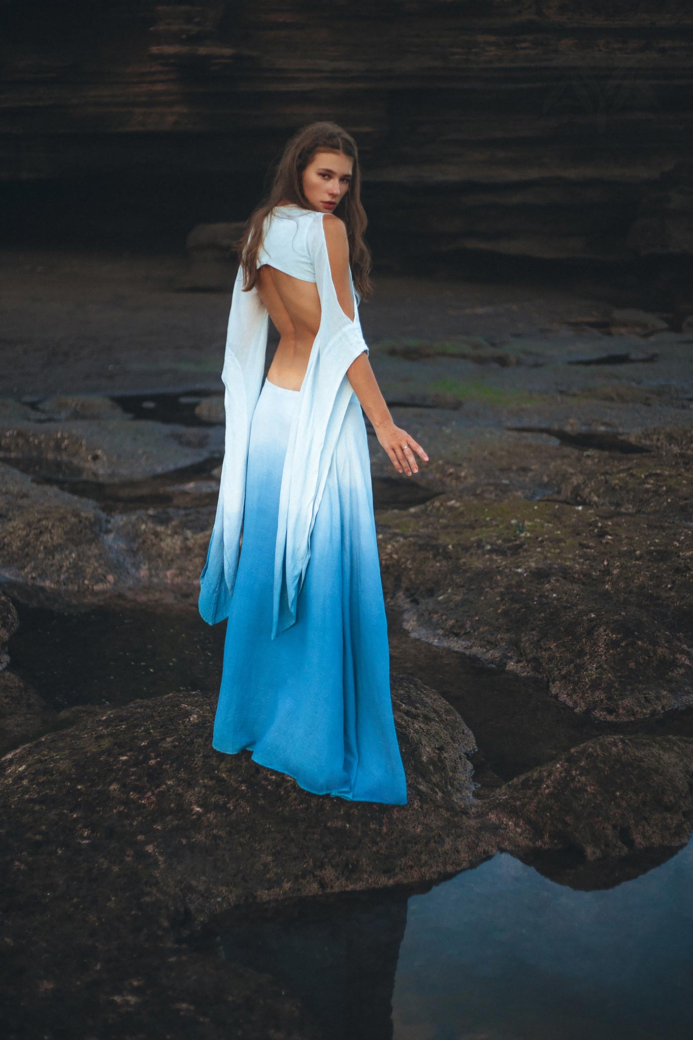 Ombré Sky Blue Organic Wedding Boho Dress for Women - AYA SW IDR