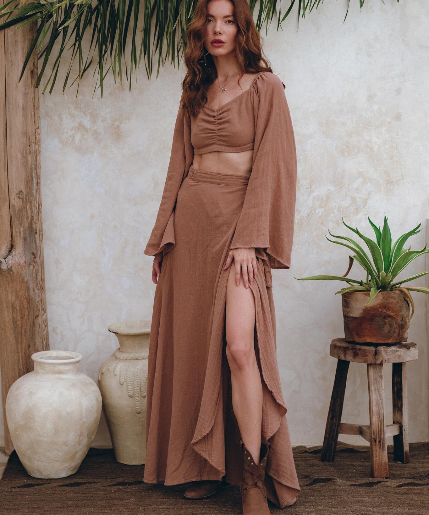 Open Belly Matching Top and Skirt • Latte Tank Top and Maxi Skirt - AYA SW IDR