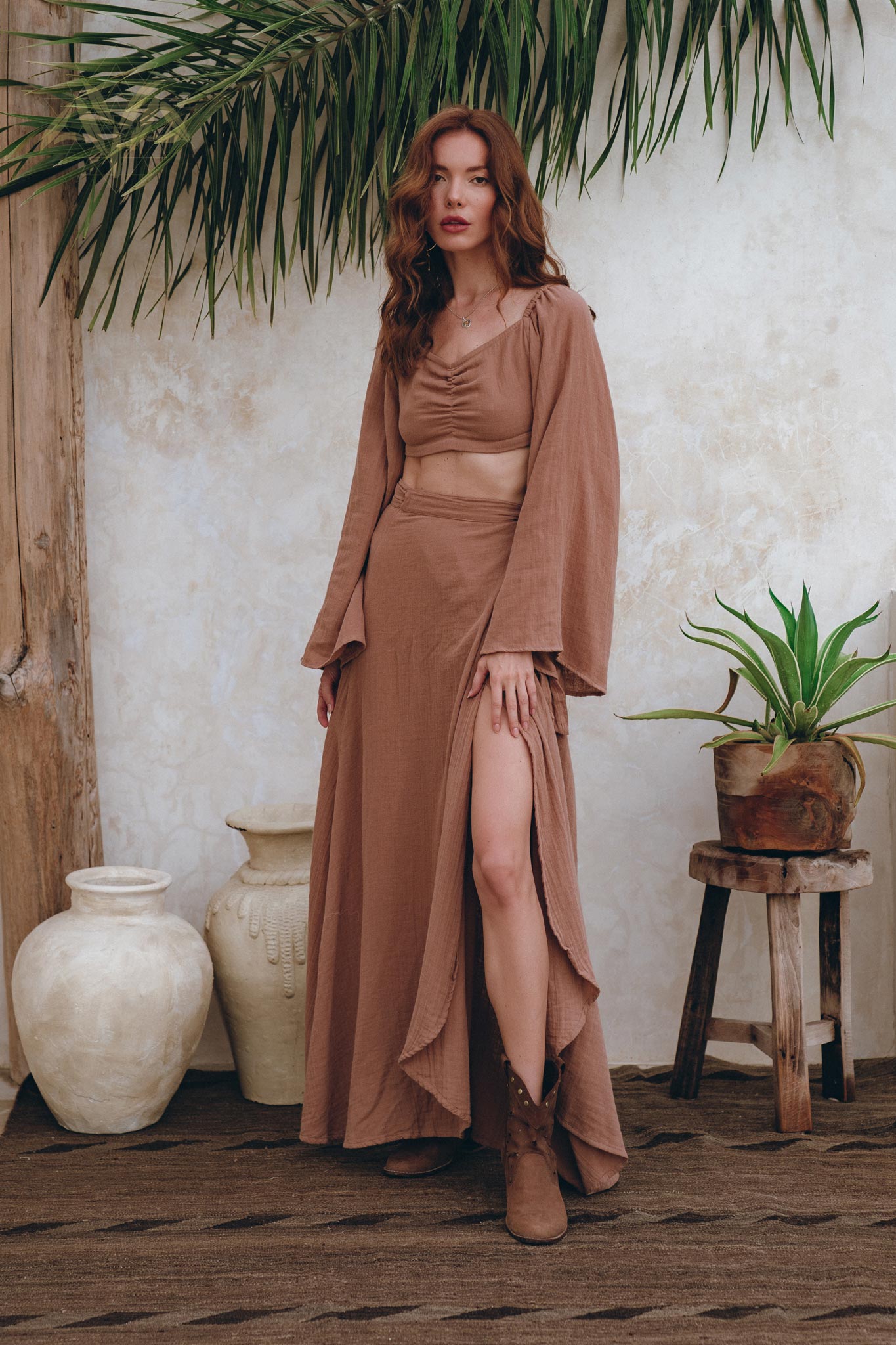Open Belly Matching Top and Skirt • Latte Tank Top and Maxi Skirt - AYA SW IDR