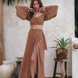 Open Belly Matching Top and Skirt • Latte Tank Top and Maxi Skirt - AYA SW IDR