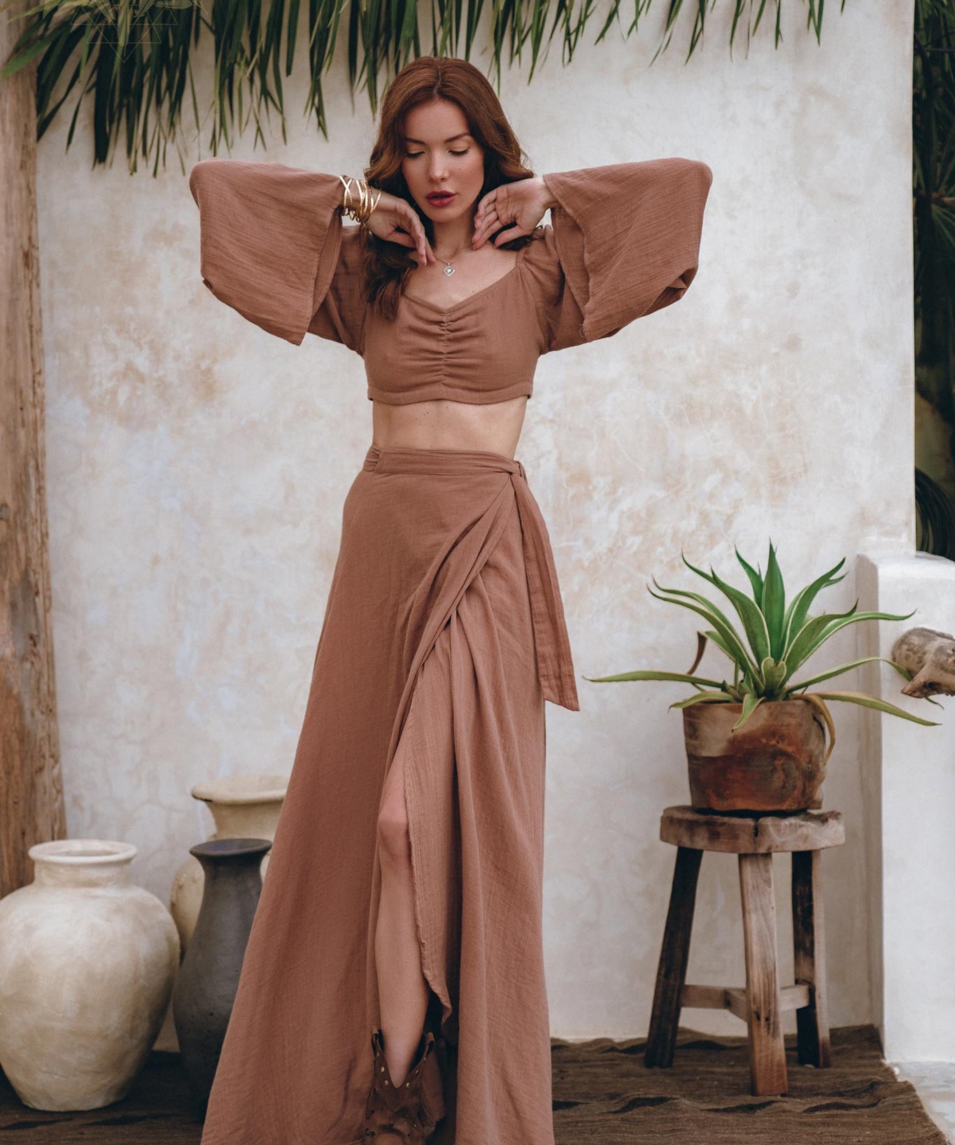 Open Belly Matching Top and Skirt • Latte Tank Top and Maxi Skirt - AYA SW IDR