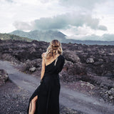 Organic Black Boho One Shoulder Dress • Black Wedding Dress - AYA SW IDR