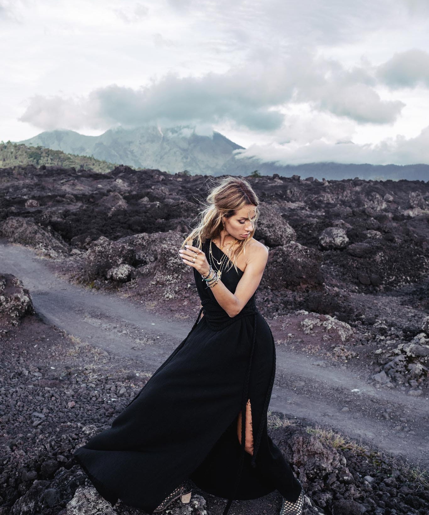 Organic Black Boho One Shoulder Dress • Black Wedding Dress - AYA SW IDR