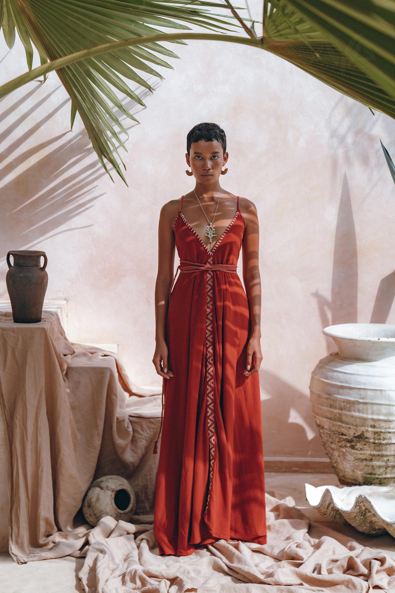 Organic Red Cotton Maxi Dress • Sleeveless Hand Embroidered Dress - AYA SW IDR