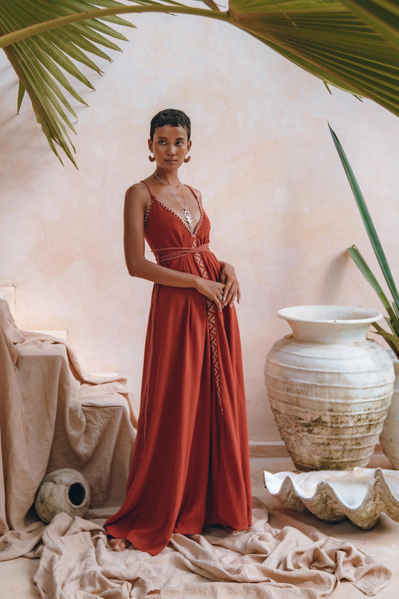 Organic Red Cotton Maxi Dress • Sleeveless Hand Embroidered Dress - AYA SW IDR