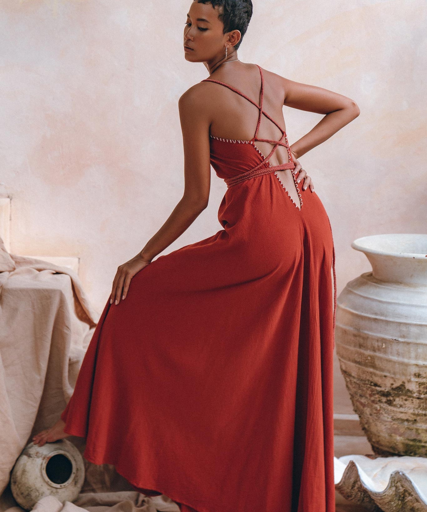 Organic Red Cotton Maxi Dress • Sleeveless Hand Embroidered Dress - AYA SW IDR