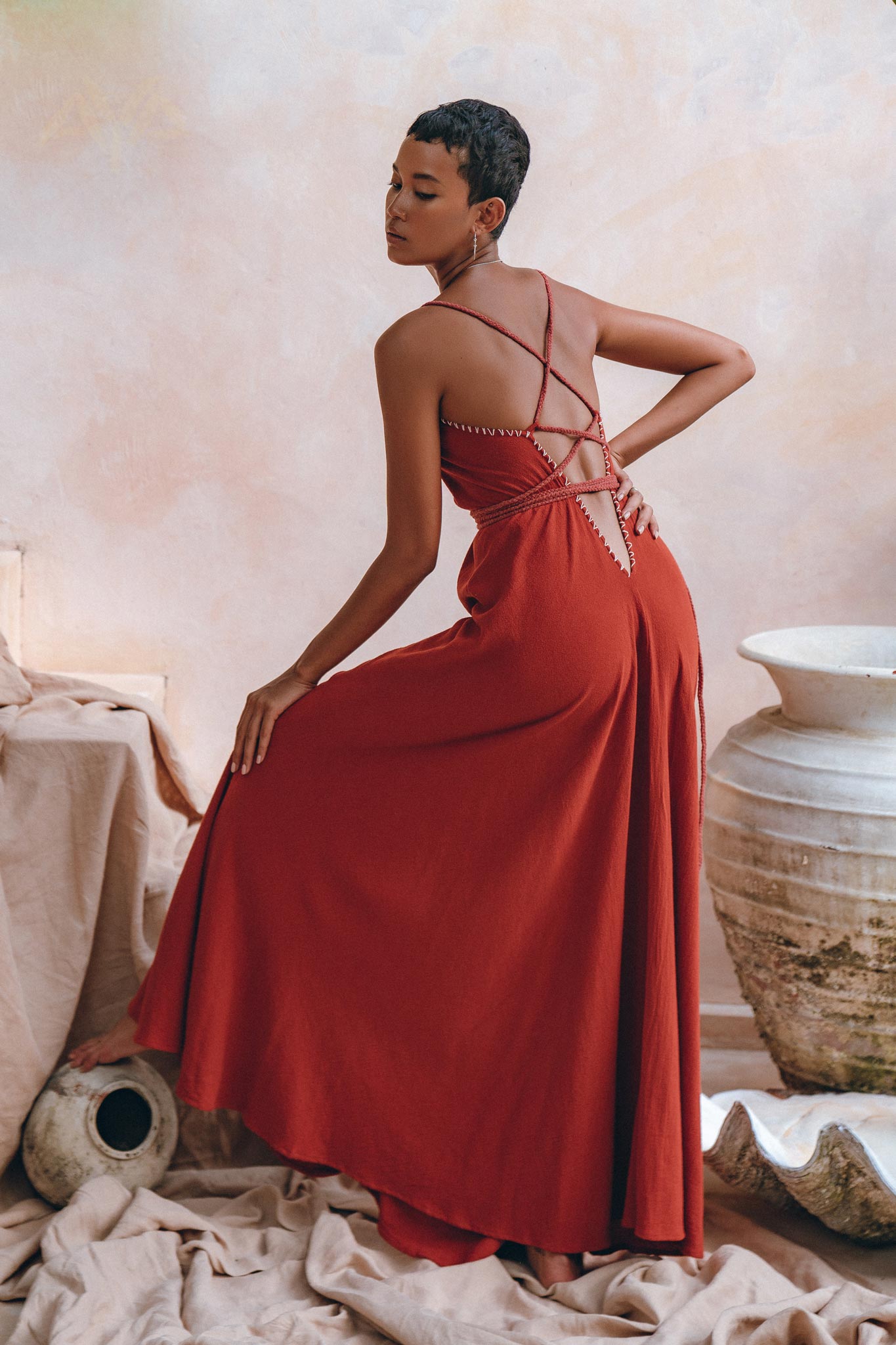 Organic Red Cotton Maxi Dress • Sleeveless Hand Embroidered Dress - AYA SW IDR