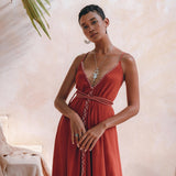 Organic Red Cotton Maxi Dress • Sleeveless Hand Embroidered Dress - AYA SW IDR