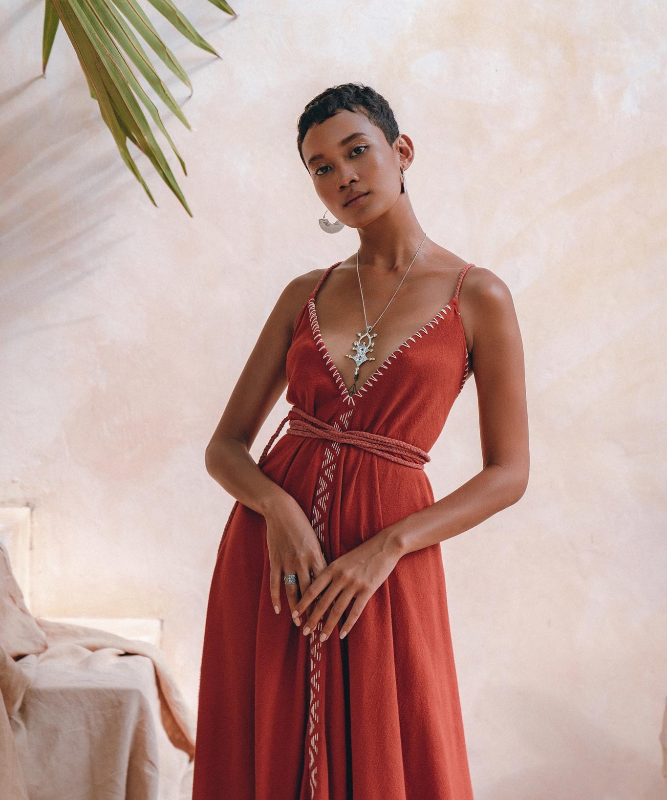 Organic Red Cotton Maxi Dress • Sleeveless Hand Embroidered Dress - AYA SW IDR