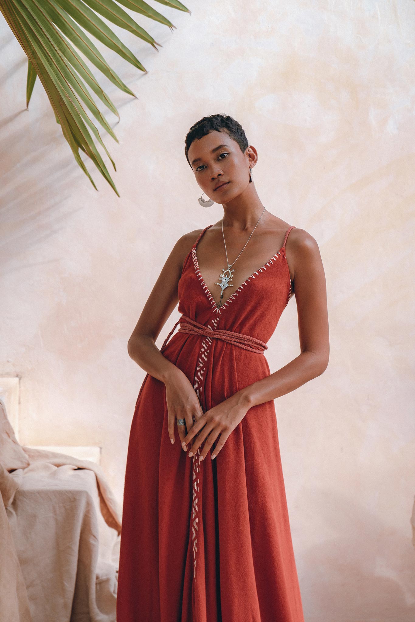 Organic Red Cotton Maxi Dress • Sleeveless Hand Embroidered Dress - AYA SW IDR