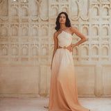 Powder Pink Goddess Dress with open sides and back. Sustainably dyed organic linen maxi dress perfect for summer parties