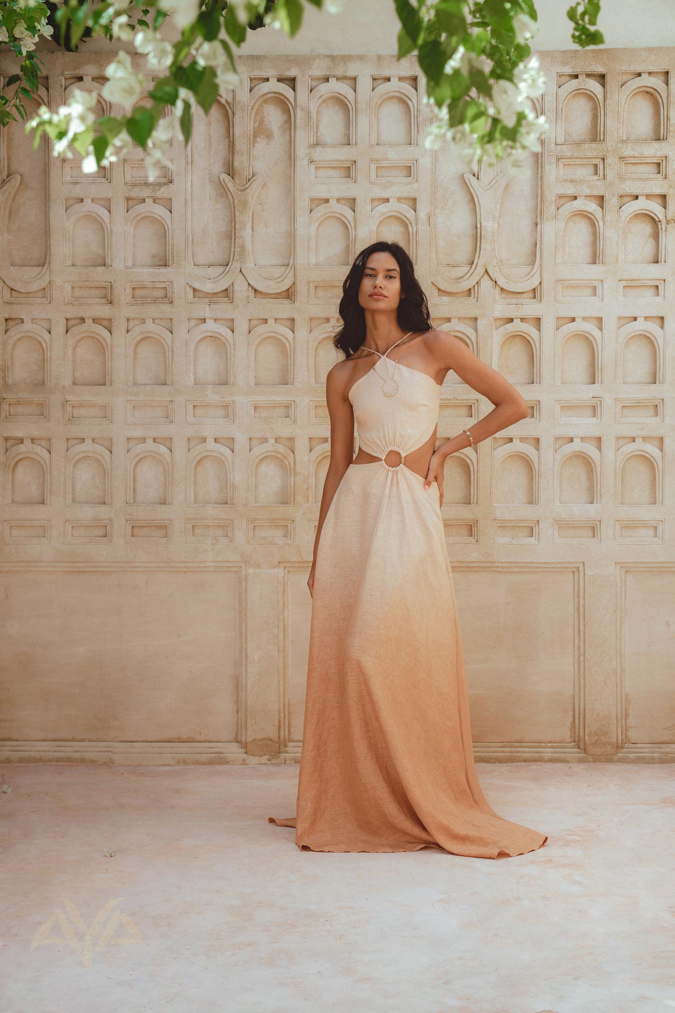 Powder Pink Goddess Dress with open sides and back. Sustainably dyed organic linen maxi dress perfect for summer parties